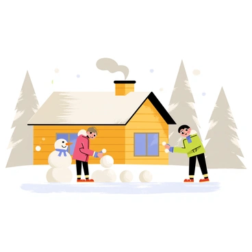 A cozy wooden cabin with smoke curling from the chimney sits in the foreground. Snowflakes are gently falling from a gray sky, blanketing the ground in a thick layer of white. In front of the cabin, two children, one wearing a red coat and the other in a green jacket, are happily rolling snowballs to build a snowman. The snowman is adorned with a carrot nose and a bright blue scarf. Pine trees with snow-laden branches are visible in the background, completing the festive winter scene.