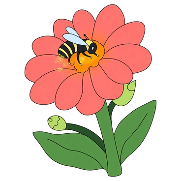 A small bee with black and yellow stripes is perched on a large, vibrant flower blossom. The flower has bright petals in shades of pink and orange, radiating outwards with a soft texture. The bee's legs are dusted with golden pollen as it bends forward, its wings slightly open and glistening in the sunlight. Surrounding the flower are lush green leaves that provide a rich backdrop, while a few smaller buds can be seen nearby.