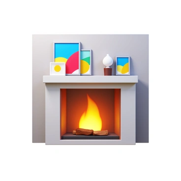 A modern fireplace with a clean design, featuring a sleek mantle. The mantle holds various contemporary art pieces, including abstract sculptures and colorful paintings. The fireplace emits a warm glow, casting soft light across the room. The surrounding walls are painted in a neutral tone, complementing the modern aesthetic of the space.