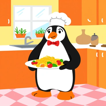 A cartoon penguin chef wearing a white chef's hat and a red bow tie stands proudly in a cozy kitchen. The penguin is holding a large plate of spaghetti topped with colorful vegetables and a sprinkle of grated cheese. The kitchen features warm wooden cabinets, a checkered floor, and a window with pots of herbs on the sill. Various kitchen utensils, like a wooden spoon and a cutting board, are visible on the countertops. Soft light streams in through the window, illuminating the cheerful scene.