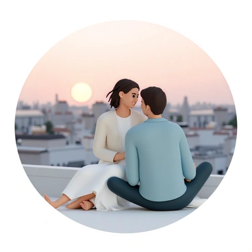 A couple, a man wearing a light blue shirt and dark jeans, and a woman in a flowing white dress with a light cardigan, are sitting close together on a rooftop. They are comfortably leaning against each other while looking out over the city. The sun is setting on the horizon, casting a warm orange and pink glow across the sky. The rooftops of Paris, with their distinct architecture and chimneys, are visible in the background. A gentle breeze is blowing, slightly tousling the woman's hair. The couple appears relaxed and content, enjoying the beautiful view.