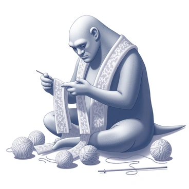 A gargantuan creature knitting a scarf with enormous knitting needles and colorful yarn