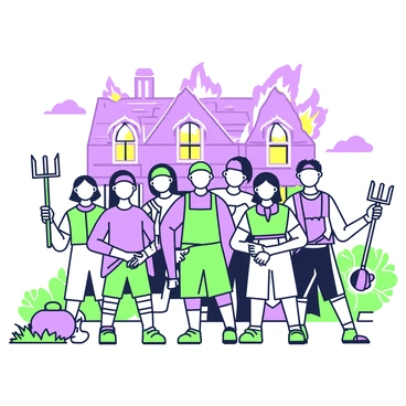 A group of peasants stands in a semi-circle in front of a burning manor house. They are holding pitchforks, with expressions of determination on their faces. The manor house is ablaze, with flames and smoke rising from the windows and roof. The peasants are dressed in simple, rustic clothing, with a mix of colors in their attire. The background shows a darkening sky, contributing to the intensity of the scene. Nearby, a few scattered tools and remnants of farming can be seen on the ground, adding context to their agrarian lifestyle.