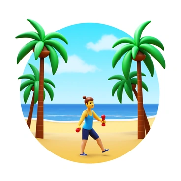 A person doing fire hydrant exercises under the shade of palm trees on a tropical island