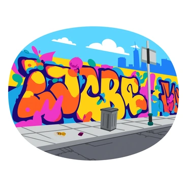 A large wall covered in graffiti featuring a variety of abstract shapes and vibrant colors. The wall showcases an explosion of hues, including bright reds, blues, yellows, and greens, blending together in dynamic patterns. The urban setting includes a cobblestone street in front of the wall, with a few scattered pieces of litter and a metal trash can nearby. In the background, a glimpse of a city skyline can be seen, with tall buildings and a clear blue sky. The overall scene captures the essence of street art in a lively city environment.