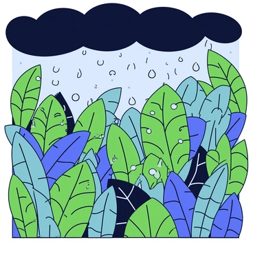 A dense tropical jungle filled with various shades of green foliage. Large leaves are prominently displayed, some with raindrops splashing on them, creating small ripples on the surface. Dark, stormy clouds are overhead, casting shadows across the jungle. A few drops of rain are visibly falling, striking the leaves and creating a shimmering effect. The scene conveys a sense of an intense rainstorm in a vibrant, lush environment.