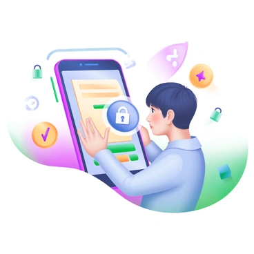A modern pastel illustration depicting a person holding a smartphone with a secure app interface visible on the screen. The screen displays a document upload icon, and the document appears partially on the screen, indicating it is being uploaded. The person has short black hair and is wearing a light blue shirt. Surrounding them are digital elements such as a lock symbol, a progress bar, and various icons representing security and connectivity. The background features soft pastel colors, enhancing the focused activity of the smartphone usage.