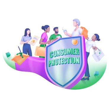 A strong shield labeled "Consumer Protection" prominently stands in the foreground, displaying a bold font. The shield is decorated with symbols representing safety and security. Behind the shield, a diverse group of shoppers is gathered, showcasing individuals of various ethnicities and ages, all appearing engaged and alert. Some shoppers are holding shopping bags, while others are checking their lists. The scene conveys a sense of community and vigilance in protecting consumer rights.