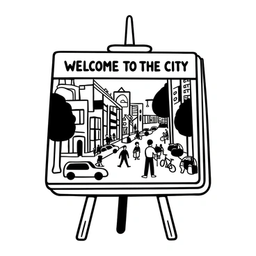 An illustration board propped up on an easel, showcasing a bustling city street scene filled with various buildings and storefronts. There are numerous pedestrians walking along the sidewalk, some stopping to chat while others are carrying bags. Cars are parked along the side of the street, with a few bicycles leaning against a lamppost. Above the scene, a large sign displays the words "Welcome to the City" in bold lettering. Trees line the street, providing shade to the people below.