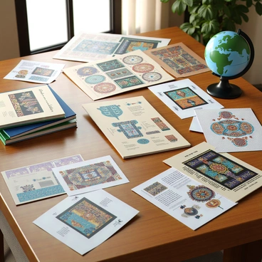 A wooden table with a rich, polished surface, covered with an array of reference materials including books, papers, and prints. The illustrations show vibrant designs inspired by diverse cultures, featuring intricate patterns and motifs from various traditions. There are also sketches and visual aids scattered across the table, showcasing different art forms and styles. A small globe is placed at one corner of the table, hinting at a global perspective. Natural light streams in from a nearby window, illuminating the details of the materials.