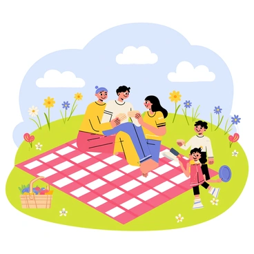 A happy family gathered in a sunny meadow for a picnic. The scene features a large red and white checkered blanket spread out on the green grass. A mother and father sit on the blanket, smiling as they share sandwiches with their children. Two kids, a boy and a girl, are playing with a frisbee nearby while a picnic basket filled with fruits and snacks rests beside them. Colorful flowers are blooming around the meadow, and a bright blue sky with fluffy white clouds overhead completes the cheerful atmosphere.