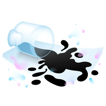 A spilled bottle of ink creating an abstract pattern on a blank page