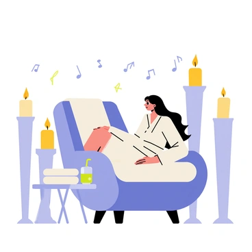 A patron sitting comfortably in a plush, oversized lounge chair at a luxurious spa. The patron has long, flowing hair and is wearing a fluffy white robe. Surrounding the chair, there are several tall, elegant candles flickering softly with warm light. The atmosphere is enhanced by floating musical notes above the patron, conveying a sense of soft music. A small table next to the chair holds a glass of refreshing cucumber-infused water and a stack of fluffy white towels.