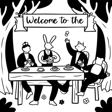 A large wooden table set in a dense forest, surrounded by tall trees with intricate branches. Various animals dressed in human clothing are seated around the table, each having a unique outfit. A rabbit wearing a waistcoat pours tea from an elaborate teapot into delicate cups. A fox in a suit raises a cup in a toast. A bear with a bow tie is leaning back in a chair, holding a plate piled with pastries. Colorful plates and teacups are arranged on the table, and a banner above reads "Welcome to the Tea Party" in elegant script. There are flowers scattered across the table and a few butterflies fluttering around.