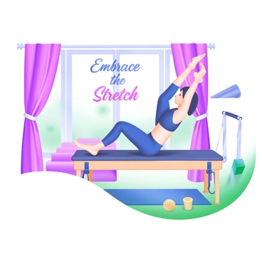A modern pastel illustration showing a reformer Pilates machine set in a bright studio. A person is performing gentle stretches on the reformer, gracefully reaching their arms overhead while their feet are secured in the straps. Soft, flowing curtains are draped around the windows, allowing natural light to filter in. In the background, a yoga mat and some lightweight dumbbells are visible, creating a serene workout environment. An inspirational quote on the wall reads "Embrace the Stretch" in elegant script.