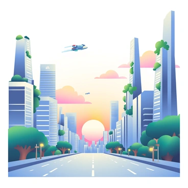 A futuristic cityscape features an array of gleaming metal skyscrapers reaching towards the sky. The buildings are designed with sleek lines and reflective surfaces that catch the warm hues of the setting sun. In the foreground, a wide avenue is lined with illuminated walkways. Soft clouds are tinted with shades of orange and pink as the sun dips below the horizon. Small flying vehicles can be seen zipping between the skyscrapers, and lush greenery is integrated into the architecture, with vertical gardens climbing up the sides of some buildings. The scene conveys a sense of innovation and modernity.