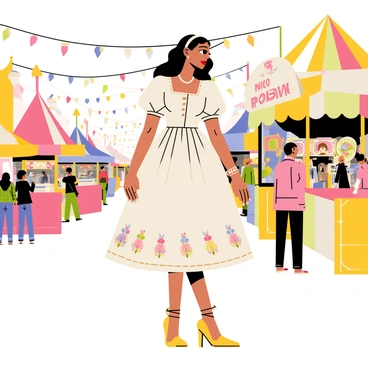 Nico Robin is wearing a beautifully tailored vintage dress, with intricate floral patterns and puffed sleeves. She has her long dark hair styled in loose waves, adorned with a delicate headband. The retro-themed street fair is bustling with activity, featuring colorful stalls decorated with string lights and bunting. In the background, there are people enjoying games and food stands, and a vintage carousel can be seen spinning with cheerful music. The atmosphere is lively as Robin strolls gracefully, taking in the sights and sounds of the fair. "Nico Robin" is displayed prominently on a sign at one of the stalls.