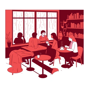 A red cozy café with warm lighting is filled with people sitting at tables. The café has large windows showing droplets of rain running down the glass. Several patrons are looking out at the rain, some holding warm mugs in their hands. Inside, there are shelves lined with books and small potted plants on the windowsills. The atmosphere feels inviting as soft shadows dance across the room.