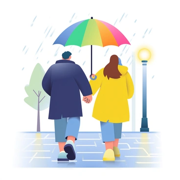 A couple is walking hand in hand under a large, colorful umbrella. The man has dark hair and is wearing a navy blue raincoat, while the woman has long brown hair and is dressed in a bright yellow rain jacket. Raindrops are falling, creating ripples in the puddles on the cobblestone street. The light from street lamps reflects off the wet pavement, casting a warm glow. In the background, blurred outlines of trees and buildings are visible, enhancing the ambiance of a rainy day.