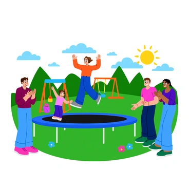 A family of four is engaged in a lively activity in their backyard. There are two adults and two children, all smiling and laughing as they take turns jumping on a large blue trampoline. One child is mid-air with arms raised in excitement, while the other child is preparing for their jump. The adults are standing nearby, cheering and clapping. The background is filled with green grass, a colorful swing set, and a few blooming flowers, creating a cheerful outdoor atmosphere. The sun is shining brightly, casting playful shadows across the scene.