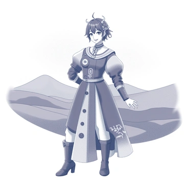 A character posing for a photograph in their handmade costume against a scenic backdrop