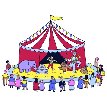 A large big top tent in a rich burgundy color with white stripes. Inside the tent, there are various performers in steampunk attire, such as a trapeze artist with brass goggles and a feathered cap, and a juggler wearing a vest adorned with gears. Mechanical creatures, like a clockwork elephant and a robotic lion, are positioned among the performers. The ground is decorated with sawdust, and there are bright, colorful banners hanging from the tent's ceiling. The atmosphere is filled with excitement as audience members, dressed in vintage clothing, watch the show.