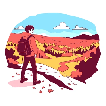 A hiker wearing a red jacket stands atop a hill, looking out over a vast landscape filled with vibrant autumn colors. The ground is covered with fallen orange and yellow leaves, while trees in the distance are adorned with hues of orange and red. The sky above is clear and blue, enhancing the beauty of the scene. The hiker has a backpack slung over one shoulder and a content expression, taking in the breathtaking view.