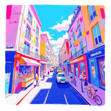 A dynamic street scene features tall buildings with vibrant "graffiti art" covering the walls, showcasing a variety of colors and styles. The street is bustling with people walking, some stopping to admire the art. On the sidewalk, there are "colorful street vendors" selling snacks and drinks. Cars are parked along the curb, and bicycles are leaned against the walls. The perspective of the scene is exaggerated, as if viewed through a "fish-eye lens," making the scene feel lively and immersive. The sky above is clear with a few fluffy clouds.