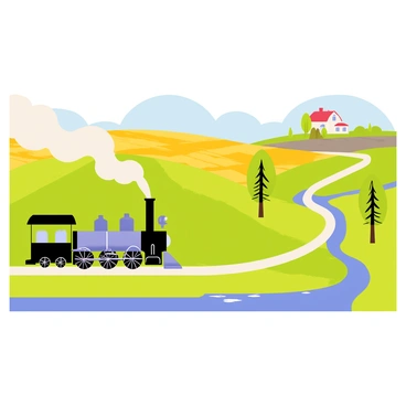 An old steam locomotive with a black and silver body is chugging along a winding track. The steam billows from its chimney, creating puffs of white smoke that dissipate into the bright blue sky. The countryside landscape features vibrant green hills and a patchwork of fields with varying shades of yellow and brown. A few scattered trees with thick trunks and lush leaves are positioned along the edges of the fields. In the distance, a quaint farmhouse with a red roof can be seen, adding to the rustic charm of the scene. A winding river reflects the clear sky as it flows beside the train tracks. The entire composition captures the nostalgic essence of a bygone era of travel.