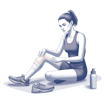 A runner is sitting on the pavement, taking a moment to rest. They are dressed in athletic wear, including a fitted tank top and shorts. Their left leg is extended forward, and they are carefully wrapping a compression bandage around their shin. The runner's expression shows focus and determination as they address their injury. Nearby, a water bottle lies on the ground, and a pair of running shoes is placed beside them. The scene captures the quiet intensity of recovery after an intense run.