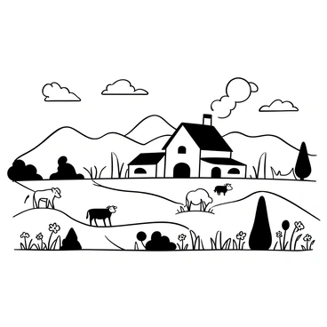 A farmhouse with a sloping roof is situated in the center of the scene, with a large chimney at one end. The structure is surrounded by gently rolling hills covered in grass, with a few patches of trees scattered among them. Several grazing animals, including sheep and cows, are positioned in the grassy areas, some close to the farmhouse. In the foreground, there are wildflowers dotting the landscape, creating a natural border around the scene. The sky above is expansive, with cloud formations adding depth to the atmosphere.