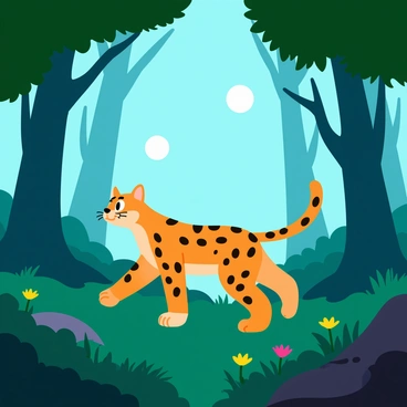 An ocelot with distinctive black spots and a golden-brown coat is gracefully moving through a dense, swirling fog in an enchanted forest. The tall trees surrounding the ocelot are lush and vibrant, with large green leaves and twisting branches. Glowing orbs of light float gently in the mist, illuminating the scene with a soft, magical glow. Ferns and wildflowers peek through the underbrush, adding splashes of color to the forest floor. The atmosphere is filled with a sense of mystery and wonder, as the ocelot explores its mystical surroundings.