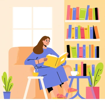 A girl with long brown hair wearing a vibrant blue A-line dress is seated in a cozy library nook. The nook features a wooden bookshelf filled with various colorful books, creating a warm atmosphere. The girl is holding an open book in her hands, deeply engrossed in reading. Soft sunlight is streaming in through a nearby window, casting gentle light on the pages of the book. A plush, oversized armchair is positioned next to her, and a small side table holds a steaming cup of tea. Decorative plants are placed in the corners of the nook, adding a touch of greenery to the scene.