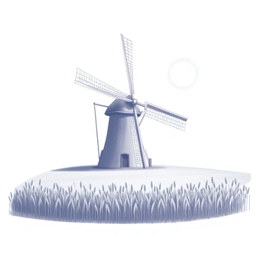 A lone windmill stands prominently in the center of an expansive field. The windmill features tall, white wooden blades that extend outward. Surrounding the windmill, there are vast stretches of wheat that sway gently in the breeze, their heads heavy and full. Above, the sky is clear and devoid of clouds, with a bright sun illuminating the scene. The landscape is flat, emphasizing the isolation of the windmill in its natural setting.