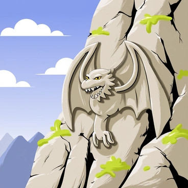 A monumental stone carving of a Balrog on a mountain cliff face