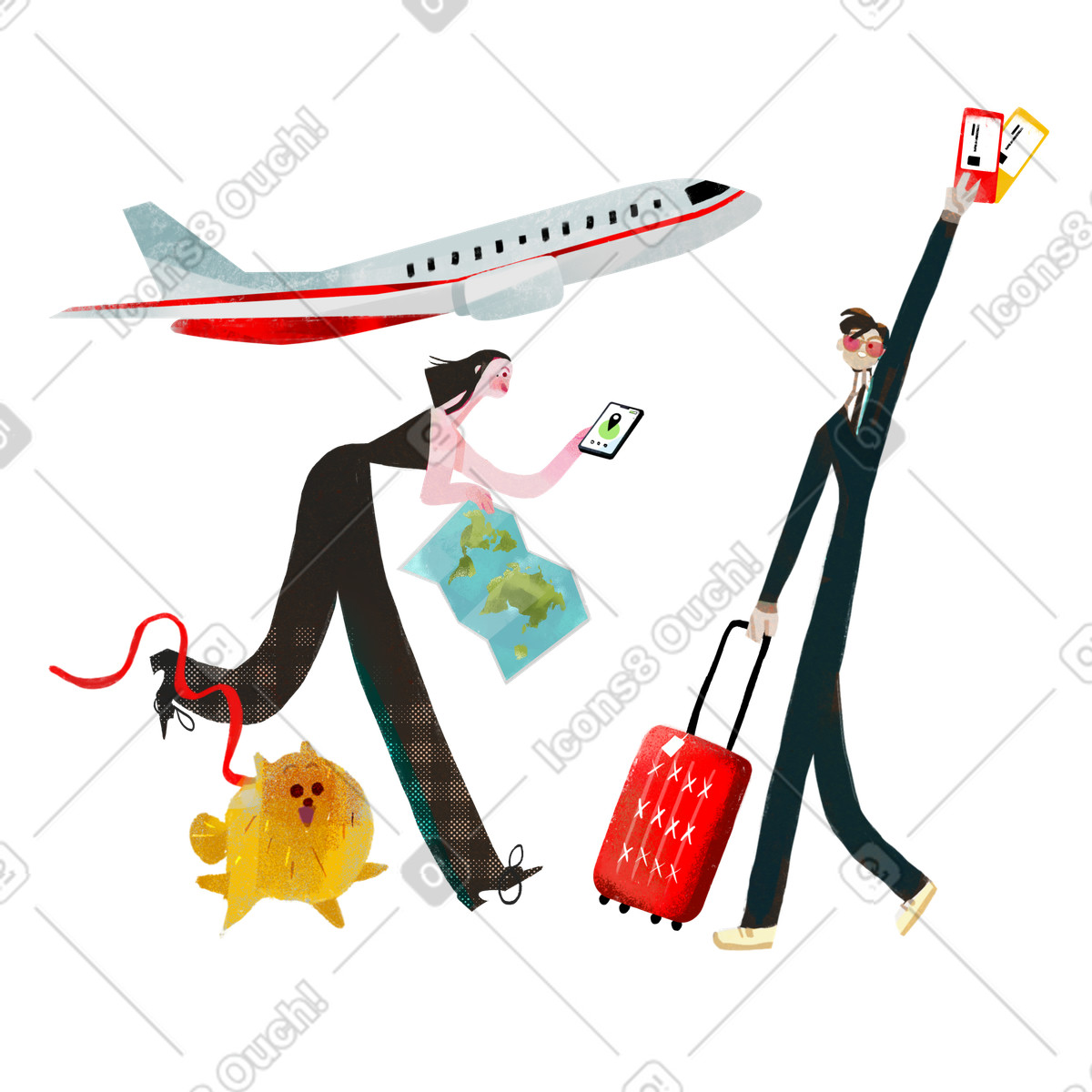 下载 Fabulous 风格的 男人、女人和狗航班迟到 插画，支持 PNG、SVG 格式