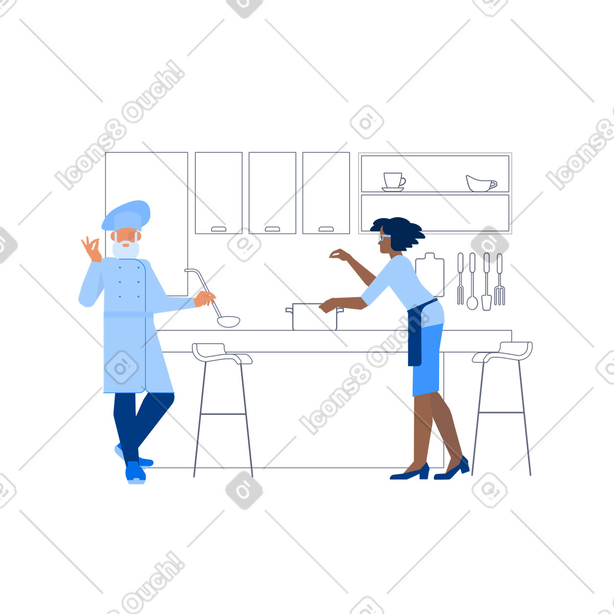 Cucinare con lo chef in cucina illustrazione stile Urban scarica PNG, SVG