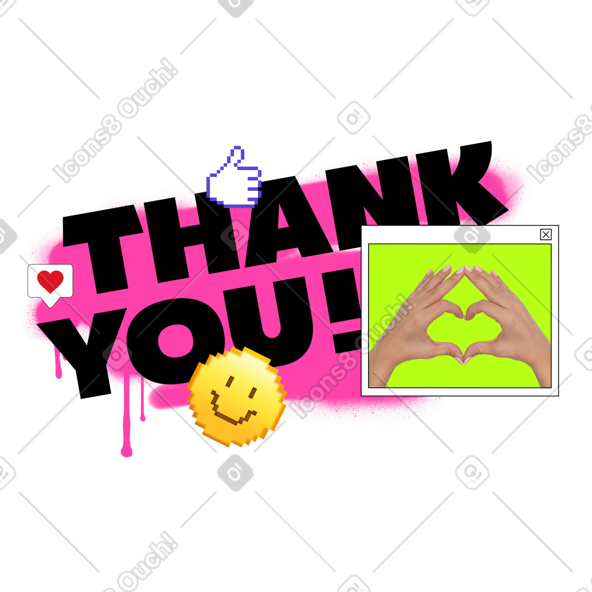 Lettering Thank You! with heart hands and smiley text illustration in Jumble style download in PNG, SVG