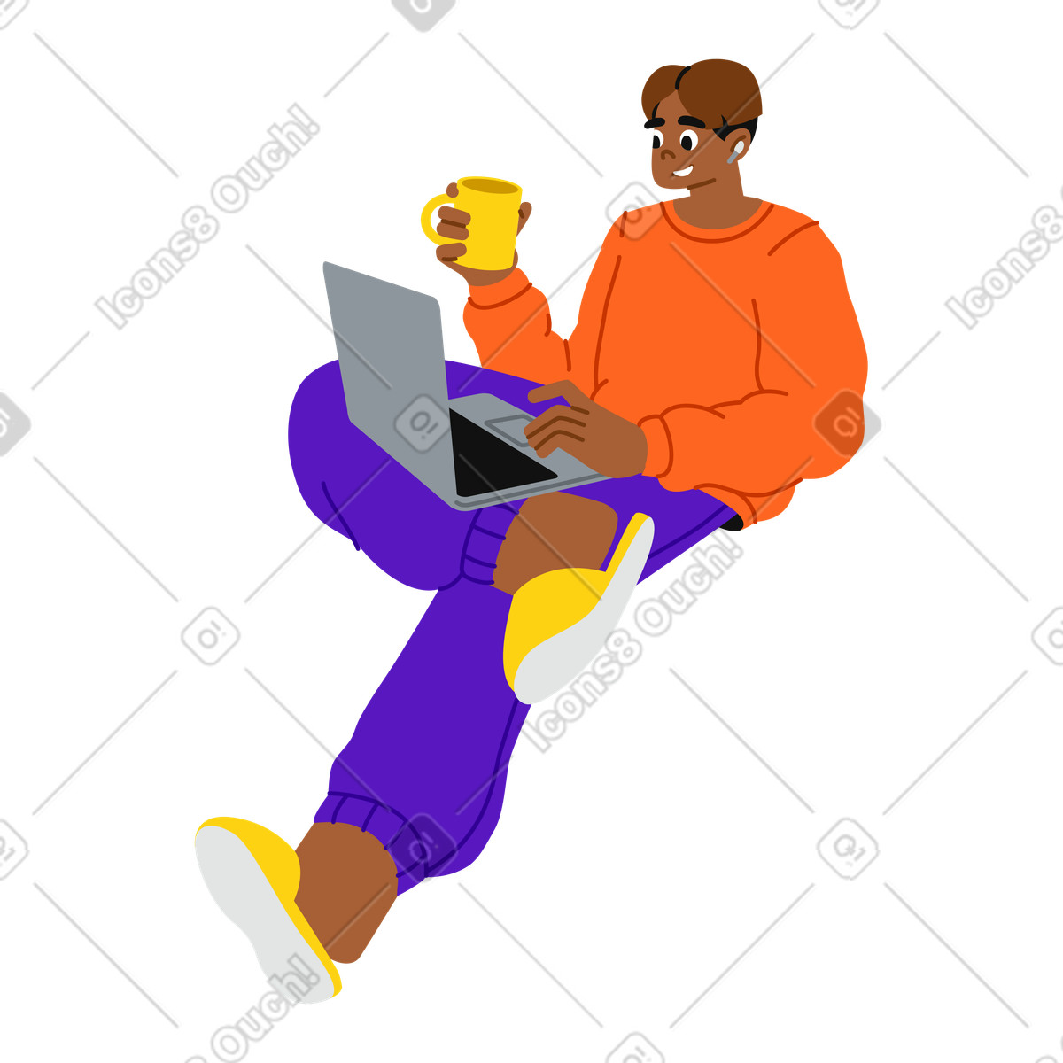 Illustration Guy avec une tasse de café et un ordinateur travaillant à domicile dans le style Active télécharger aux formats PNG, SVG