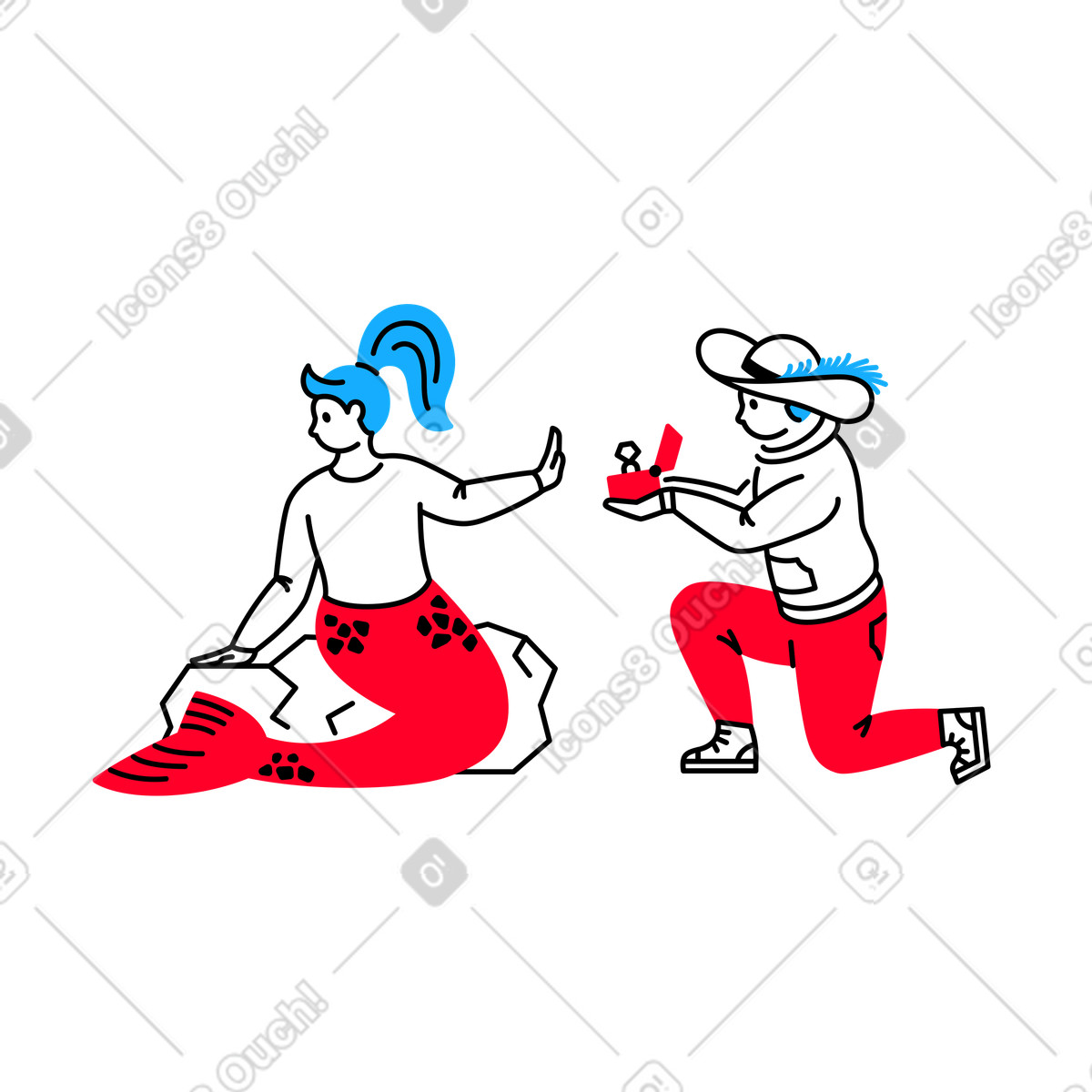 Ilustração de Homem pedindo uma sereia em casamento e sendo rejeitado no estilo Transistor para baixar PNG, SVG