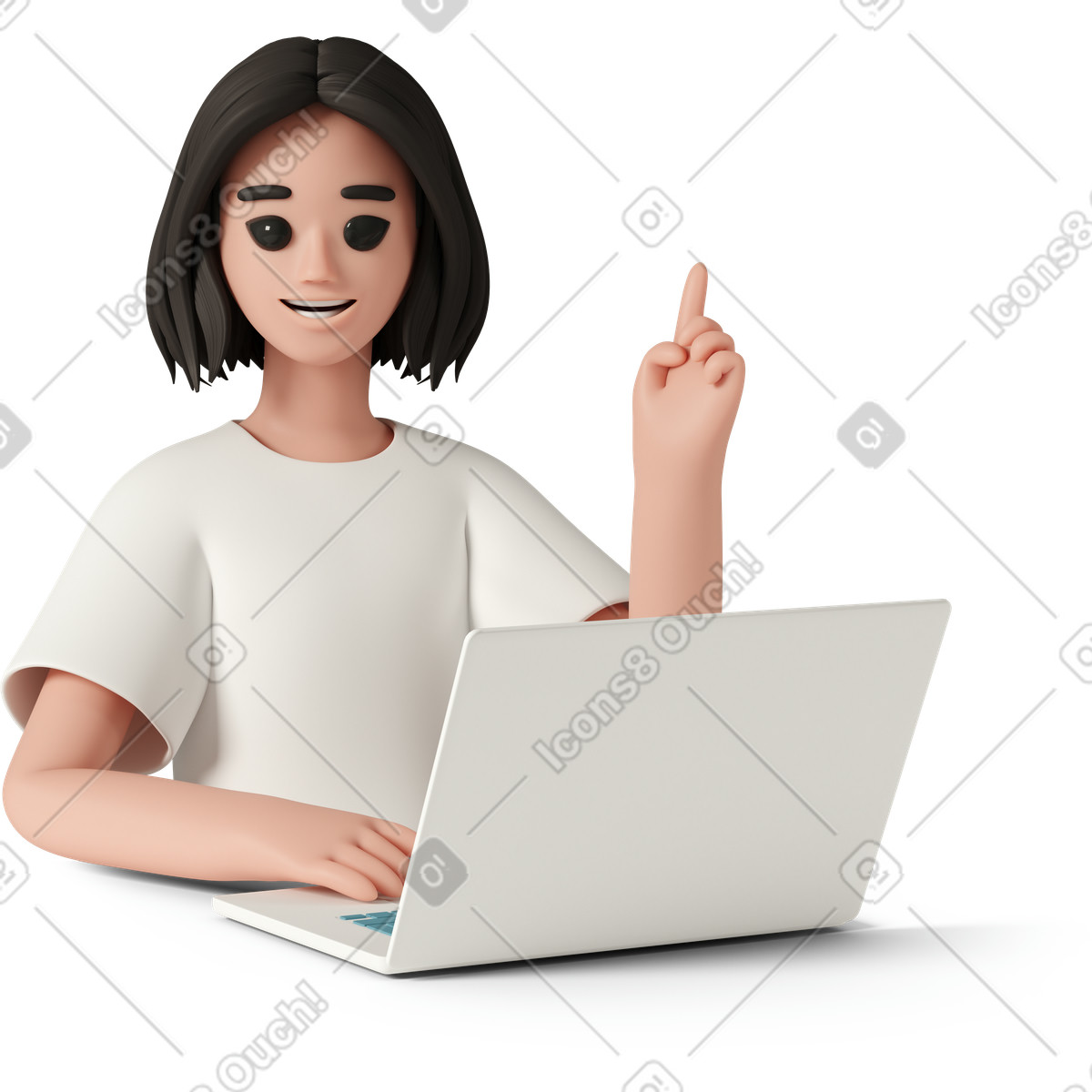 下载 3D Casual life 风格的 Young woman with laptop pointing up 插画，支持 PNG、SVG 格式