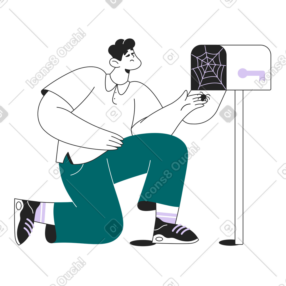Person looking into empty cobwebbed mailbox, email inactivity and infrequent communication illustration in Sammy Line style download in PNG, SVG