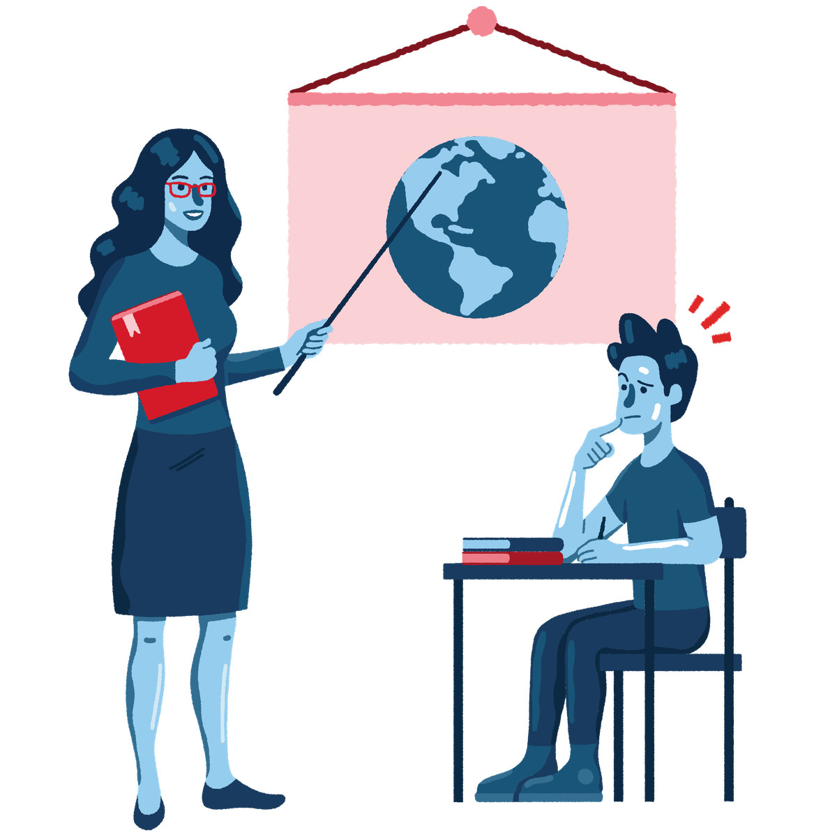 Thoughtful boy listening to a teacher at geography lesson illustration in Cherry style download in PNG, SVG