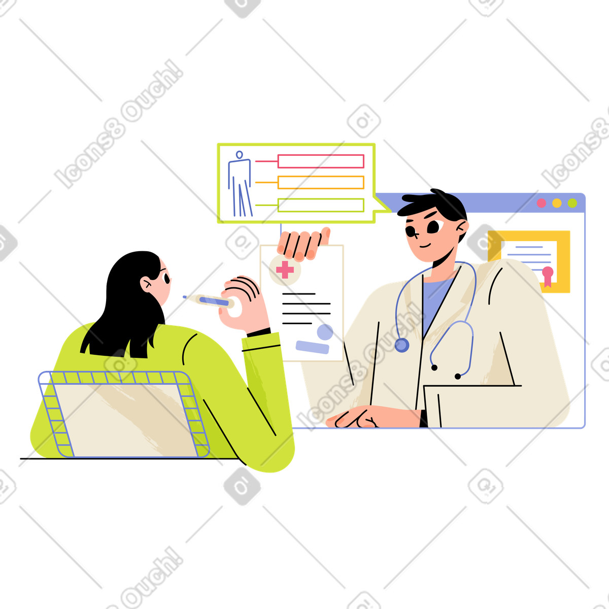 Doctor discussing treatment options remotely, Remote medical consultation illustration in Juicy style download in PNG, SVG