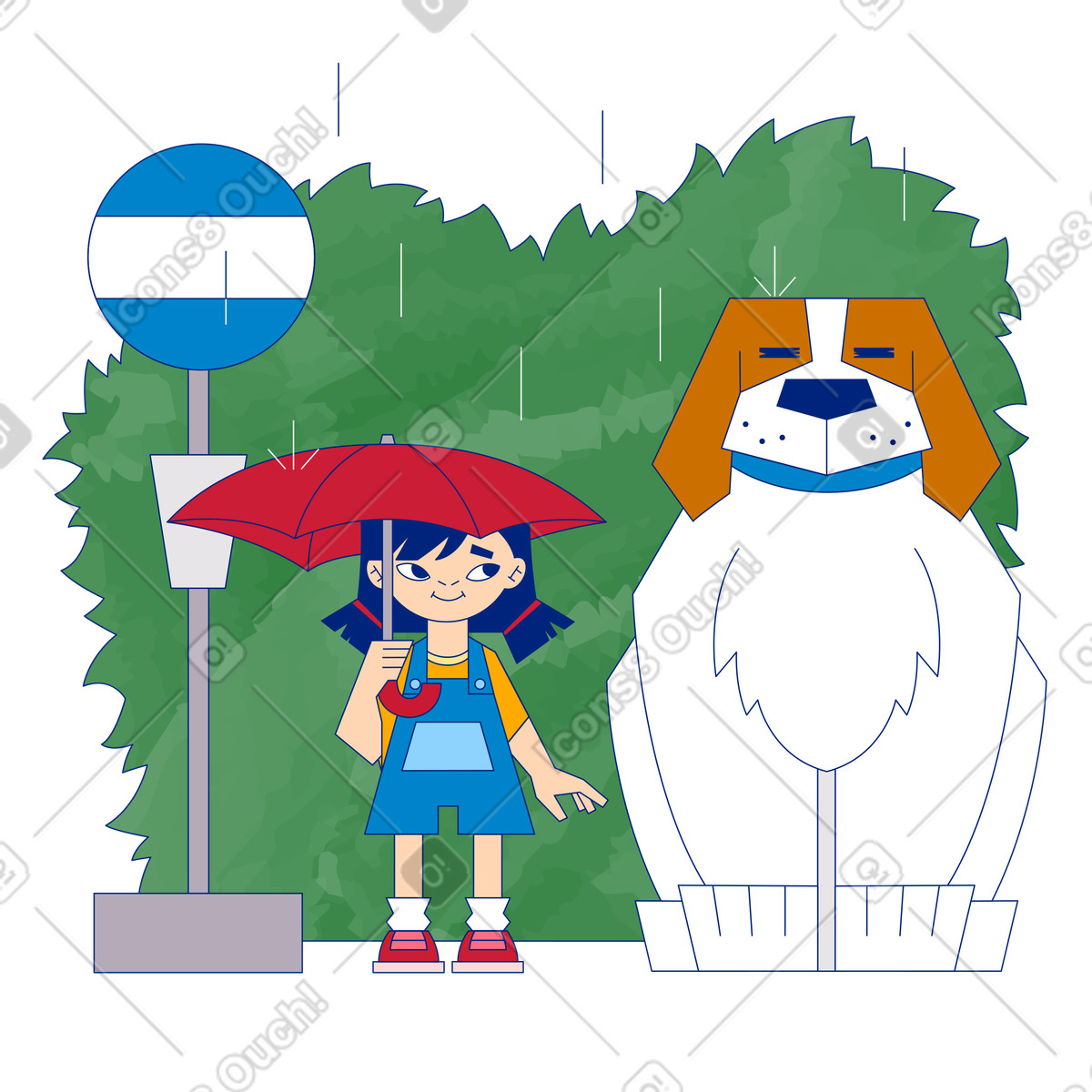 Ilustração animada de Menina e cachorro esperando o ônibus na chuva em no estilo Neo-Sakura para baixar em GIF, Lottie (JSON), AE