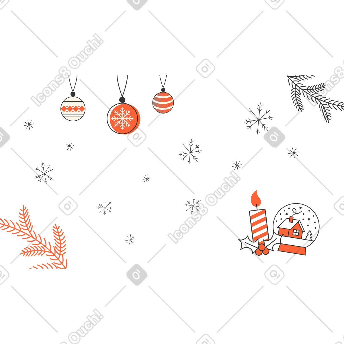 Christmas atmosphere with decorations and pine tree branches illustration in Crayon style download in PNG, SVG