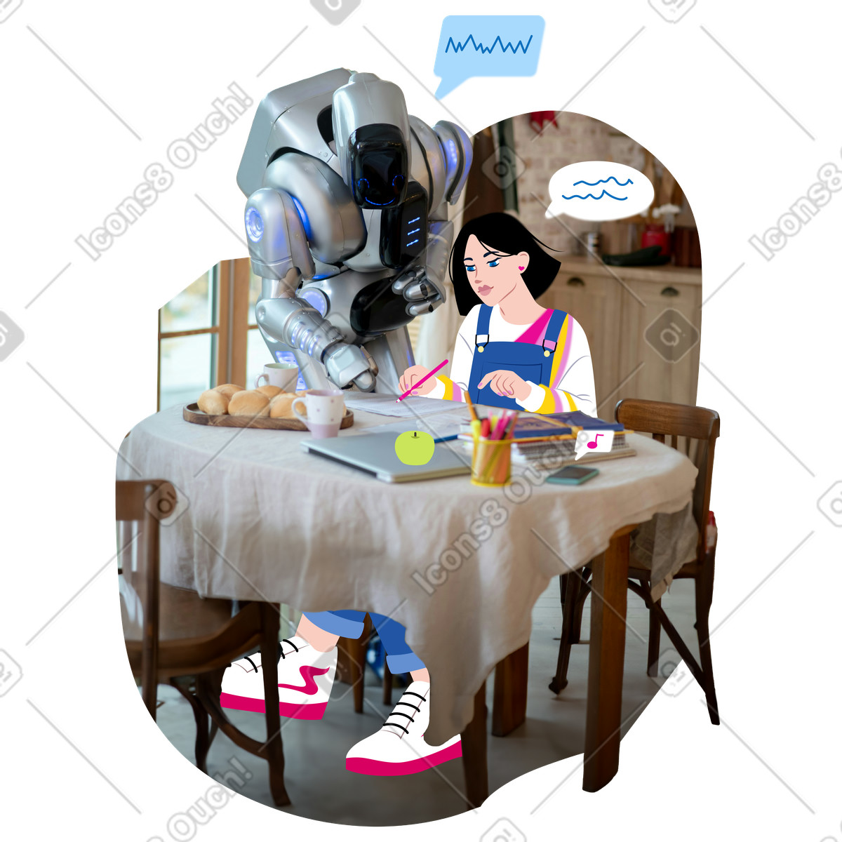 Ilustração de Robot helps the girl to do her homework em no estilo Everyday para baixar em PNG, SVG