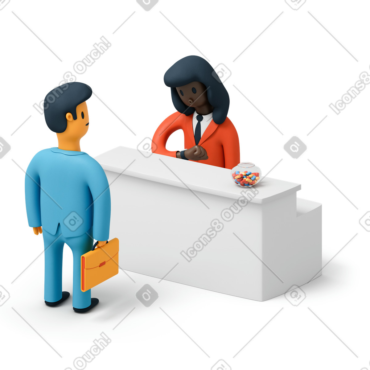 Receptionist femminile e uomo d'affari in piedi alla reception illustrazione stile 3D Flame scarica PNG, SVG