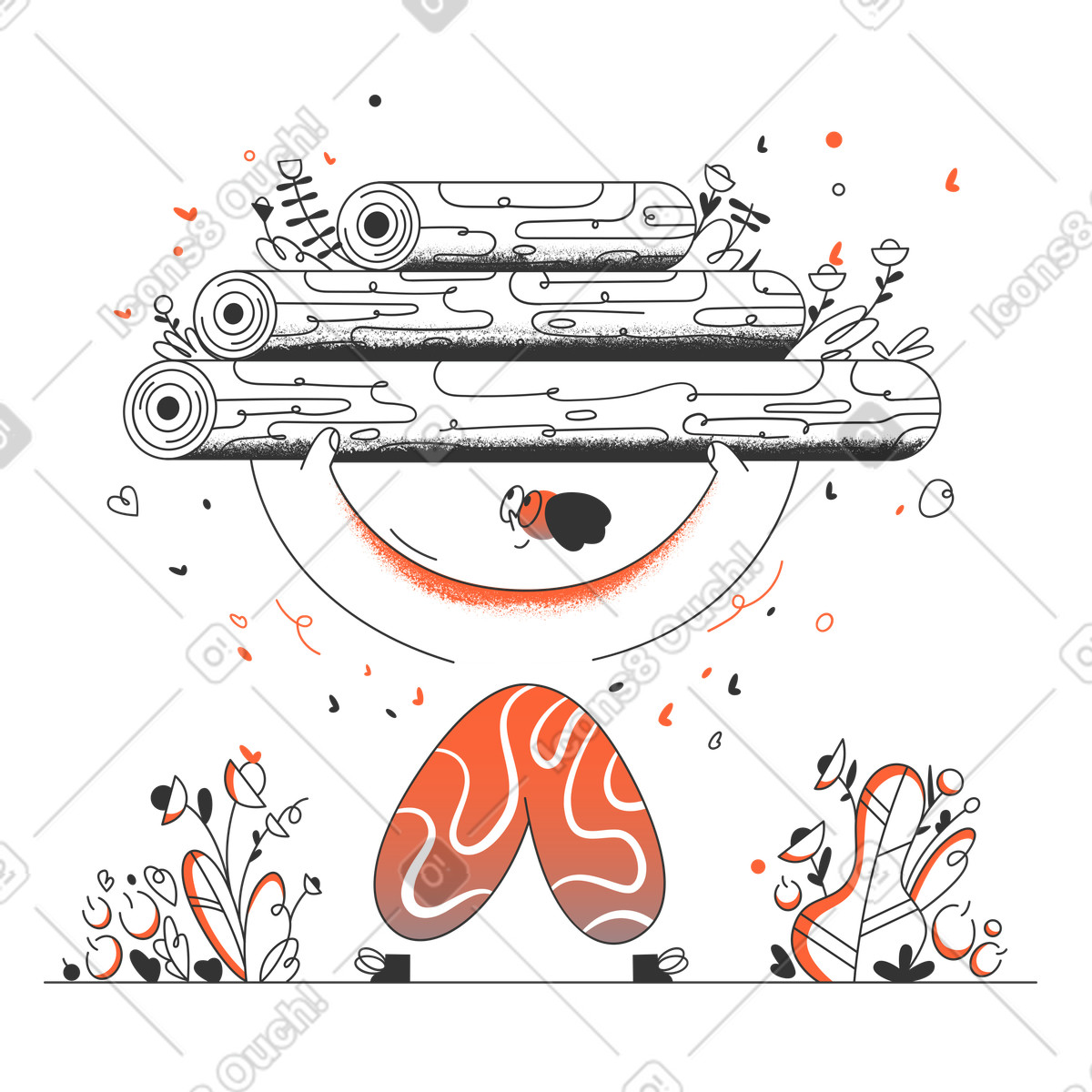 Un disegno in bianco e nero di una persona che trasporta pila tronchi illustrazione stile Crayon scarica PNG, SVG