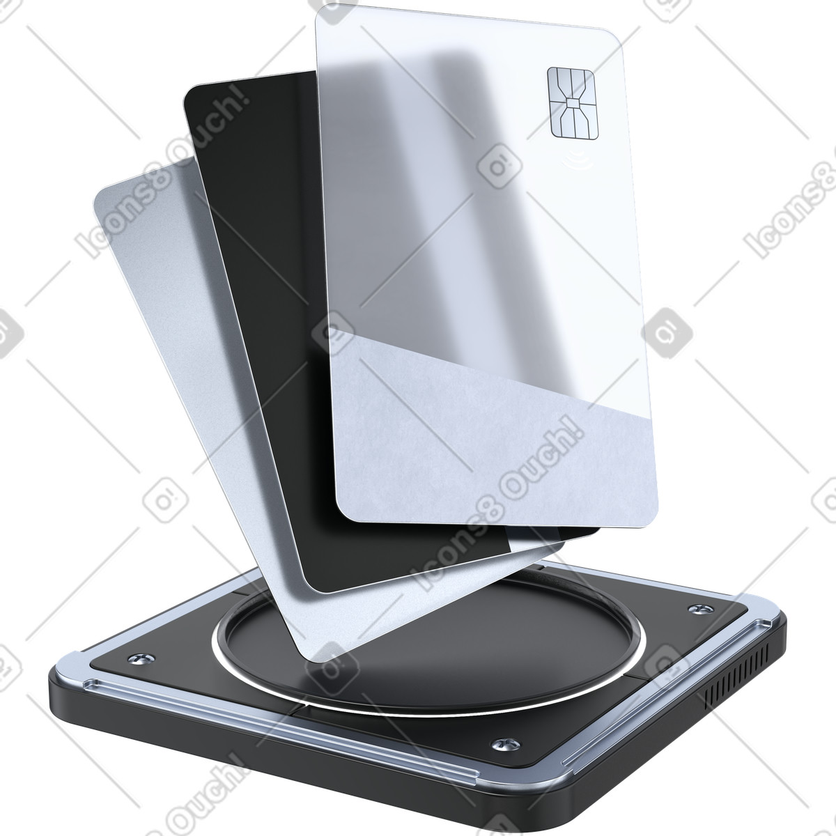 下载 3D Pro 风格的 Credit card stack over wireless terminal representing contactless payment technology 插画，支持 PNG、SVG 格式